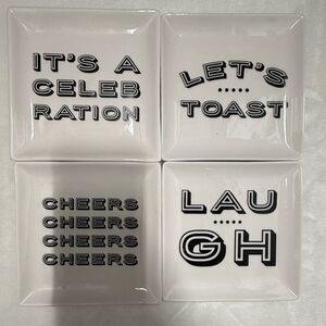 Pfaltzgraff Celebration Set of 4 White square Ceramic Quote Plates cheers laugh
